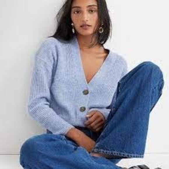 NWT J. Crew Ribbed V-Neck Cropped Cardigan Sweater Blue Heather River XL - Picture 2 of 5